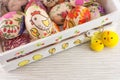 Decoupage decorated Easter eggs in decorated wooden box Royalty Free Stock Photo