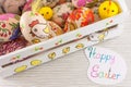 Decoupage decorated Easter eggs in decorated wooden box Royalty Free Stock Photo