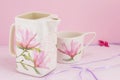 Decoupage decorated tea pot and tea cup