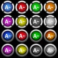 Decrease font size white icons in round glossy buttons on black background Royalty Free Stock Photo
