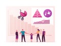 Decreasing Birth Rate, Fertility and Population Control Concept. Family with Child, Stroller and Declining Bar Graph