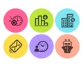 Decreasing graph, Loan house and Dishwasher timer icons set. E-mail, Time management and Ship signs. Vector