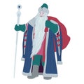 Ded Moroz with bag behind his back and staff.