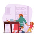 Dedicated Business Mother Character Multitasks On Her Laptop And Mobile Phone While Her Eager Children Tug At Her
