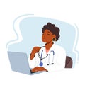 Dedicated Female Doctor Character Focused On Patient Care, She Works On Her Laptop, Ensuring Accurate Records