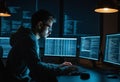 A dedicated male programmer working intently at multiple monitors, immersed in coding, with a modern workspace that
