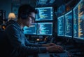 A dedicated male programmer working intently at multiple monitors, immersed in coding, with a modern workspace that