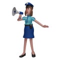A dedicated Police Woman 3D Cartoon Design speaking on a megaphone