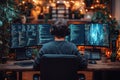 Dedicated programmer codes at a multi-monitor setup in a cozy, well-lit works Royalty Free Stock Photo