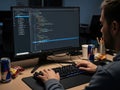 Focused programmer coding on computer in dark office Royalty Free Stock Photo