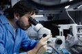 A scientist is examining samples under a microscope in a well-equipped lab for research Royalty Free Stock Photo