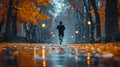 Dedicated Runner Jogging on Rainy Autumn Morning by Generative A.I Royalty Free Stock Photo