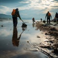 Dedicated volunteers sweep trash from the sea with rakes.