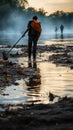 Dedicated volunteers sweep trash from the sea with rakes.