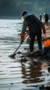 Dedicated volunteers sweep trash from the sea with rakes.