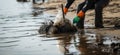 Dedicated volunteers sweep trash from the sea with rakes.