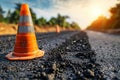 Dedicated worker ensuring utmost safety during roadworks on vibrant urban streets