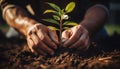 Dedicated young gardener planting tree, tending to garden, and watering plants diligently.