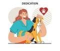 Dedication concept. Character hugging a dog. Loyalty and personal