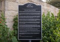 Dedication plaque for the Veteran`s Memorial Park in the City of Irving, Texas.