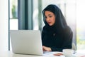 Dedication and technology. Essential for getting her tasks done. a young muslim businesswoman using a laptop at her work