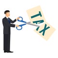 Deduction banner man and scissors on vector illustration