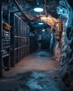 Exploring a hidden underground Bitcoin mining operation in an abandoned tunnel at dusk Royalty Free Stock Photo