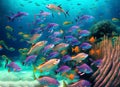 deep below a colorful school of fish swims. Generative AI Royalty Free Stock Photo