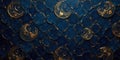Deep blue abstract art hexagonal pattern with gilded ornate moons and swirls. Generative AI Royalty Free Stock Photo