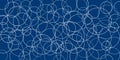 A deep blue background features overlapping white circles, forming a dynamic and modern abstract pattern.