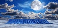 Deep blue curtains and a circular platform surround a floating moon in a peaceful environment Royalty Free Stock Photo