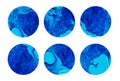 Deep blue fluid acrylic circles set. Dark cerulean and turquoise round geometric shapes on white background