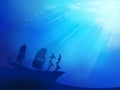 Deep blue ocean with shipwreck as a silhouette bac