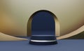 Deep blue podium with abstract bronze walls. Stand to show products.