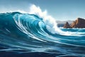 The deep blue sea churns with powerful waves, bleu Beach,rocks