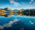 Deep blue sky reflected in calm waters of Strbske pleso lake. Picturesque morning scene of High Tatras National Park, Slovakia, Eu Royalty Free Stock Photo