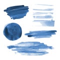 Deep blue watercolor shapes, splotches, stains, paint brush strokes. Abstract watercolor texture backgrounds set. Royalty Free Stock Photo