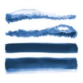 Deep blue watercolor shapes, splotches, stains, paint brush strokes. Abstract watercolor texture backgrounds set. Deep blue. Navy Royalty Free Stock Photo