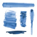 Deep blue watercolor shapes, splotches, stains, paint brush strokes. Abstract watercolor texture backgrounds set.