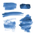 Deep blue watercolor shapes, splotches, stains, paint brush strokes. Abstract watercolor texture backgrounds set. Royalty Free Stock Photo