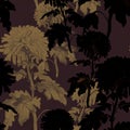 Deep brown floral seamless pattern with chrysanthemum flowers.