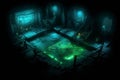 Deep, dark dungeon with slimy green walls and faint blue light glowing