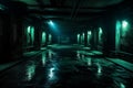 Deep, dark dungeon with slimy green walls and faint blue light glowing