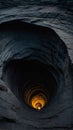 A deep, dark vertical cave with warm light at the bottom, creating an intriguing contrast and sense of mystery