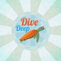 Deep diving ocean turtle. Retro background