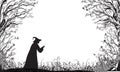 Deep fairy forest silhouette and witch with magic wand, halloween fairy