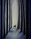 Deep fairy frosty winter forest with lonely young deer, shadows,