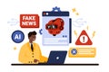 Deep fake, stop AI for social media, television news, tiny man with warning messages