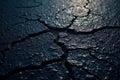Deep fissures, uneven surface, shadowed asphalt, pavement, weathered