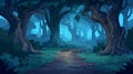 A deep forest landscape with a dirt path, a cartoon illustration. A fairy tale or playful backdrop with murky forest Royalty Free Stock Photo